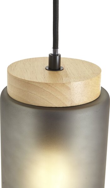 Lampada a sospensione moderna nera con legno e vetro grigio opaco a 3 luci - Umbra