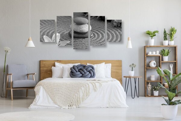 Quadri 5 pezzi – Giardino Zen e pietre nella sabbia in bianco e nero