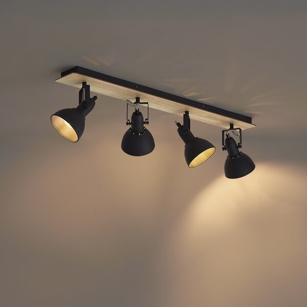 Faretto da soffitto nero con legno 4 luci orientabile e inclinabile - Jakub