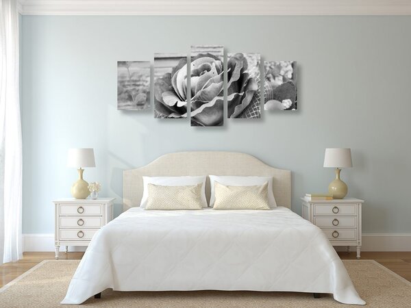 Quadri 5 pezzi – Rosa vintage elegante in bianco e nero