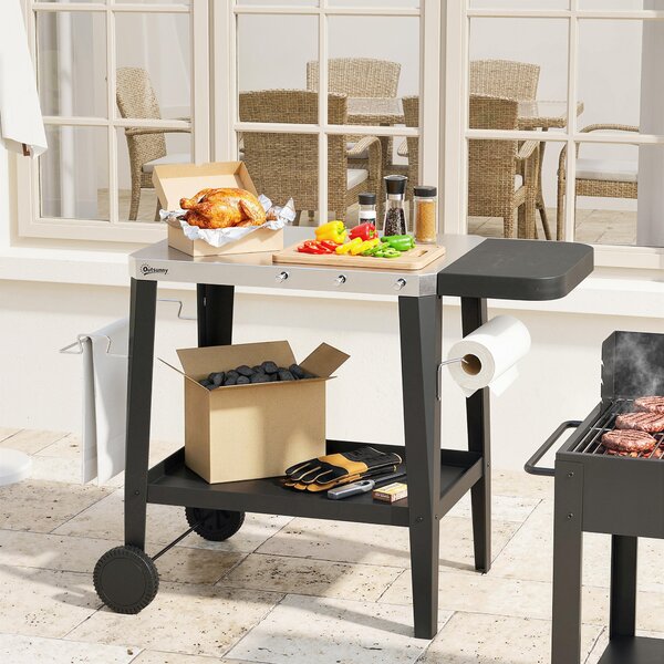 Outsunny Carrello cucina con ruote carrello di servizio con ganci, porta rotolo di carta & porta asciugamani, acciaio inossidabile, 115 x 67,5 x 80,5 cm Nero | Aosom Italy