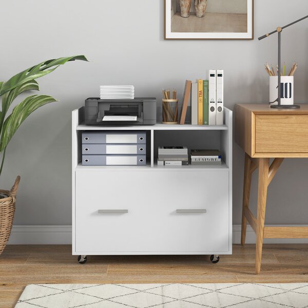 HOMCOM Mobile Archivio Laterale con Ruote e Ripiano Aperto, Ampio Cassetto, Barra Regolabile Bianco | Aosom Italy