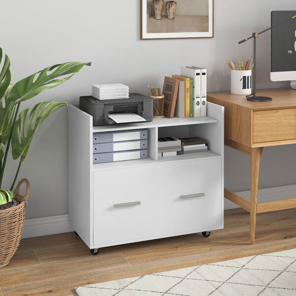HOMCOM Mobile Archivio Laterale con Ruote e Ripiano Aperto, Ampio Cassetto, Barra Regolabile Bianco | Aosom Italy
