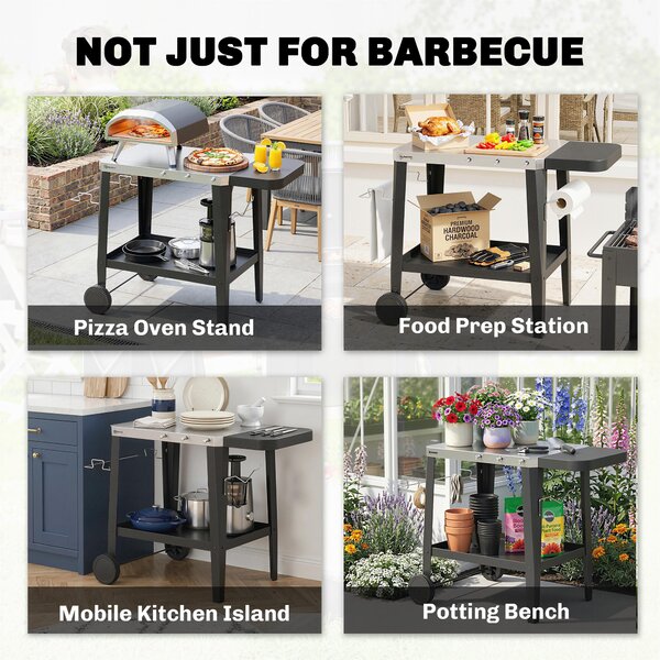 Outsunny Carrello cucina con ruote carrello di servizio con ganci, porta rotolo di carta & porta asciugamani, acciaio inossidabile, 115 x 67,5 x 80,5 cm Nero | Aosom Italy