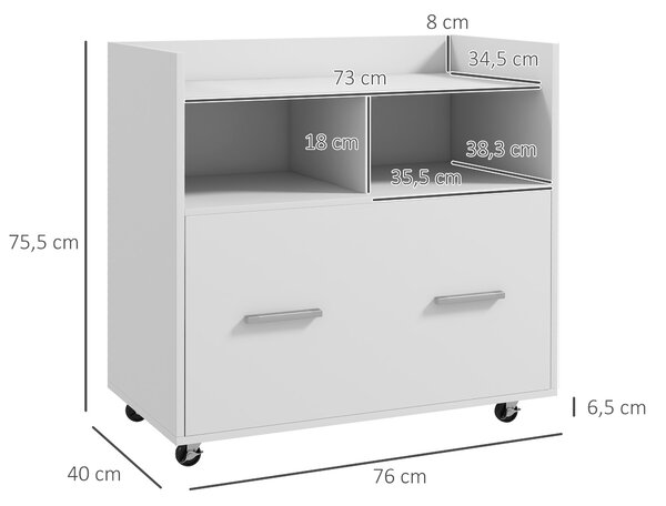 HOMCOM Mobile Archivio Laterale con Ruote e Ripiano Aperto, Ampio Cassetto, Barra Regolabile Bianco | Aosom Italy