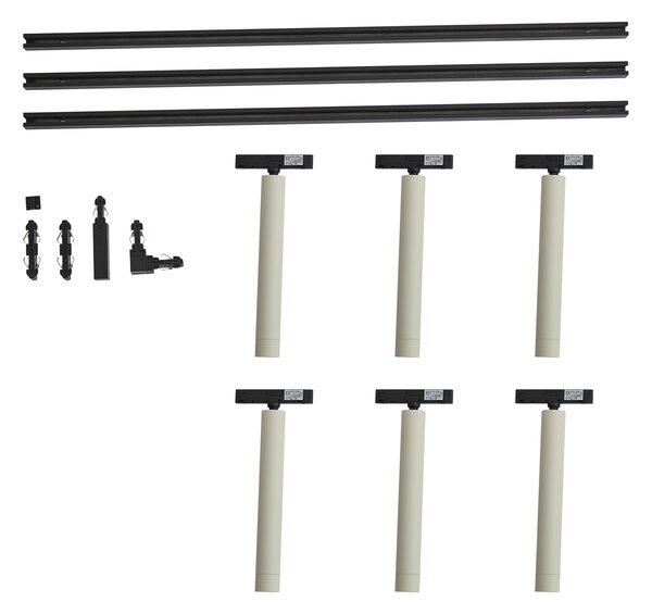 Sistema di illuminazione a binario moderno nero con 6 faretti beige monofase - Slimline Avery