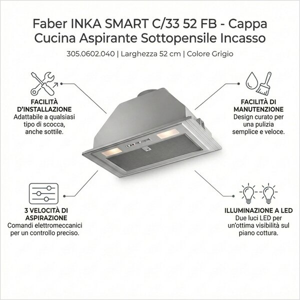 Faber Cappa Cucina Aspirante Sottopensile Incasso Larghezza 52 cm Profondit 29 cm colore Grigio - 305.0602.040 INKA SMART C/33 52 FB