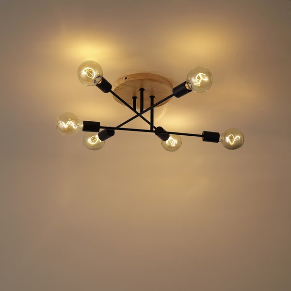Plafoniera Art Déco nera con legno 6 luci - Sydney