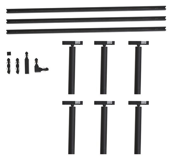 Sistema di illuminazione a binario moderno nero con 6 faretti neri monofase - Slimline Avery