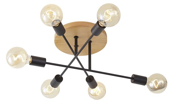 Plafoniera Art Déco nera con legno 6 luci - Sydney