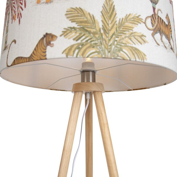 Lampada da terra a treppiede in legno con paralume multicolore con stampa animalier 50cm - Lou