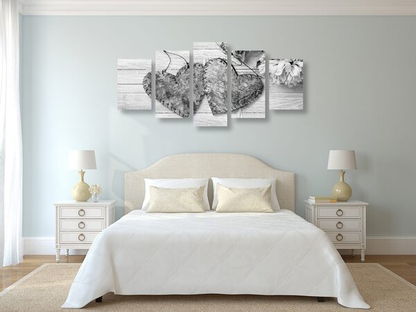 Quadri 5 pezzi – Peonie e cuori di betulla in bianco e nero