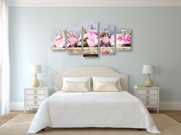 Quadri 5 pezzi – Fiori di garofano in cassetta di legno