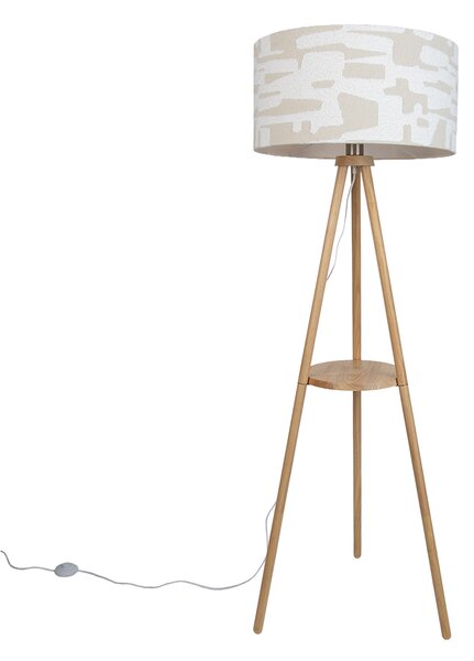 Lampada da terra a treppiede in legno con paralume a righe bianche e beige 50cm - Lou