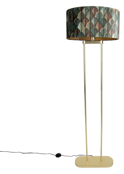 Lampada da terra in ottone con paralume ovale con motivo a foglie e interno dorato 50 cm - Thijmen