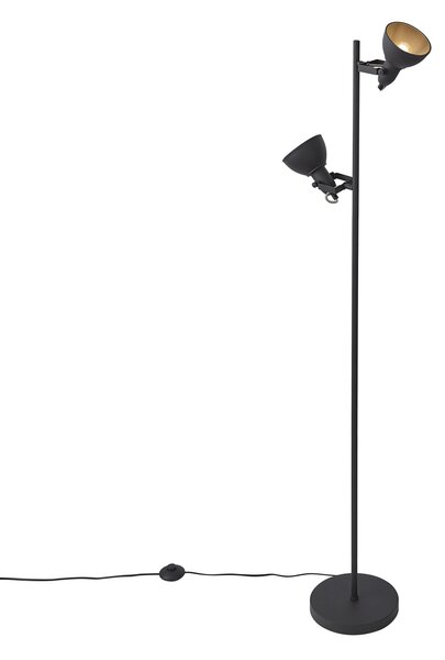Lampada da terra industriale nera con legno a 2 luci - Jakub