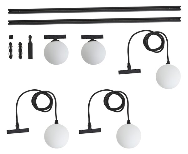 Sistema di illuminazione a binario moderno nero con 2 faretti e 3 luci a sospensione monofase - Slimline Eira