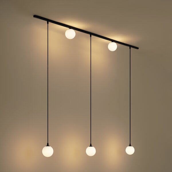 Sistema di illuminazione a binario moderno nero con 2 faretti e 3 luci a sospensione monofase - Slimline Eira