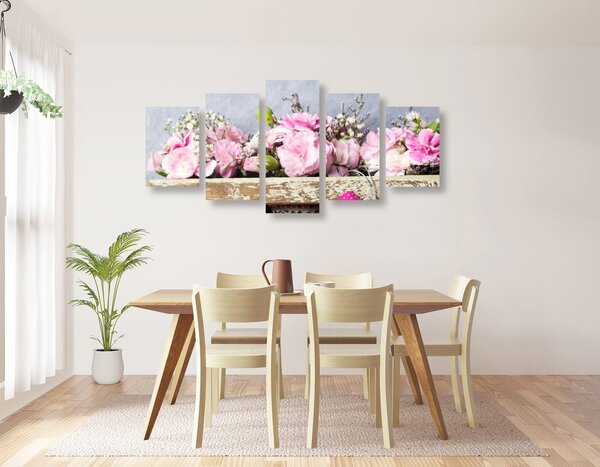 Quadri 5 pezzi – Fiori di garofano in cassetta di legno