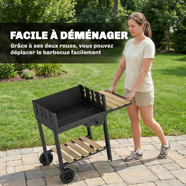 Outsunny Carrello barbecue in legno con 2 griglie regolabili, barbecue a carbone su ruote, ripiano laterale, nero | Aosom Italy