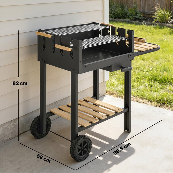 Outsunny Carrello barbecue in legno con 2 griglie regolabili, barbecue a carbone su ruote, ripiano laterale, nero | Aosom Italy