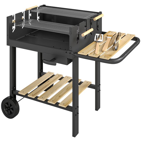 Outsunny Carrello barbecue in legno con 2 griglie regolabili, barbecue a carbone su ruote, ripiano laterale, nero | Aosom Italy