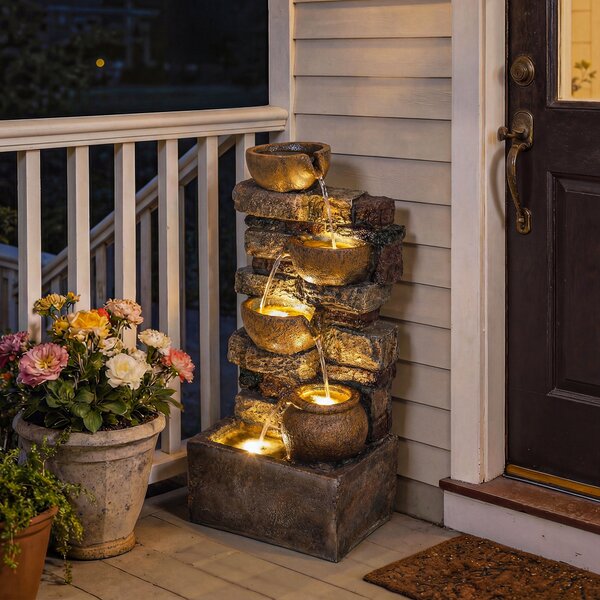 Outsunny Fontana a cascata 5 livelli per giardino con illuminazione LED effetto pietra, pompa regolabile 31 x 25,5 x 72 cm | Aosom Italy
