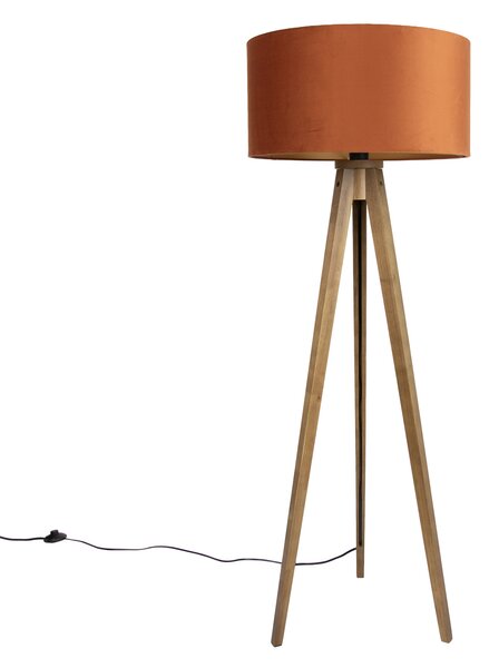 Lampada da terra in legno con paralume arancione e interno dorato 50cm - Tripod Classic