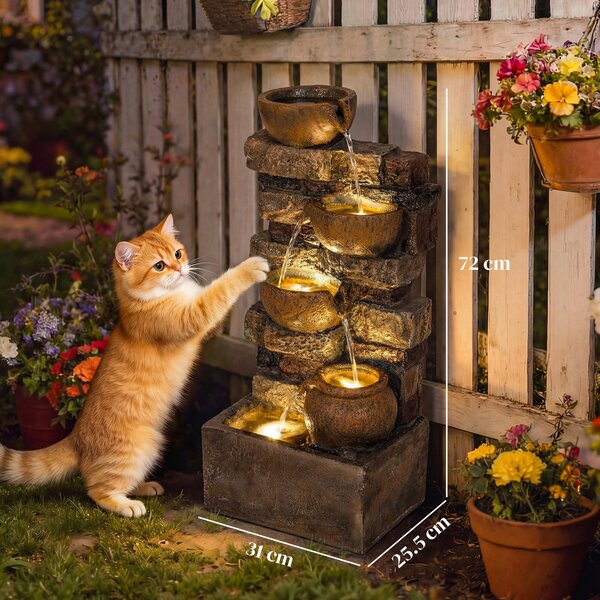 Outsunny Fontana a cascata 5 livelli per giardino con illuminazione LED effetto pietra, pompa regolabile 31 x 25,5 x 72 cm | Aosom Italy