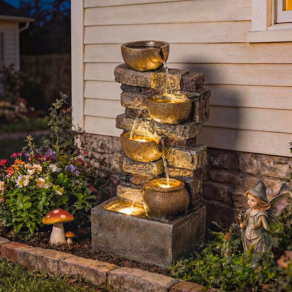 Outsunny Fontana a cascata 5 livelli per giardino con illuminazione LED effetto pietra, pompa regolabile 31 x 25,5 x 72 cm | Aosom Italy
