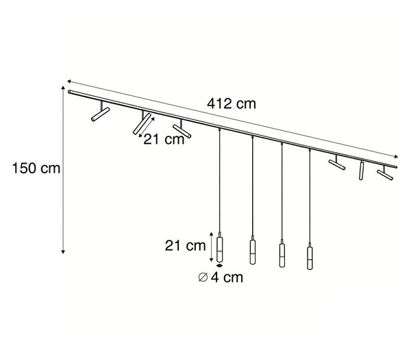 Sistema di illuminazione a binario moderno nero con 6 faretti e 4 luci a sospensione bronzo scuro 1 fase - Slimline Avery Loyce