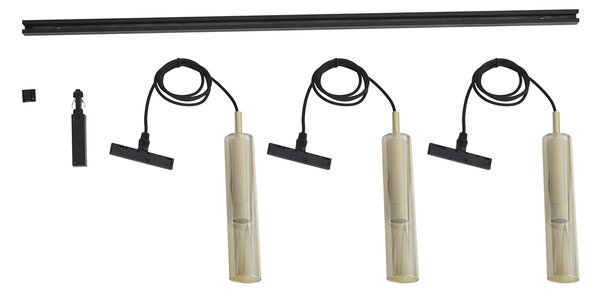 Sistema di illuminazione a binario moderno nero con 3 luci a sospensione oro con vetro ambrato monofase - Slimline Loyce