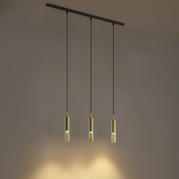Sistema di illuminazione a binario moderno nero con 3 luci a sospensione oro con vetro ambrato monofase - Slimline Loyce