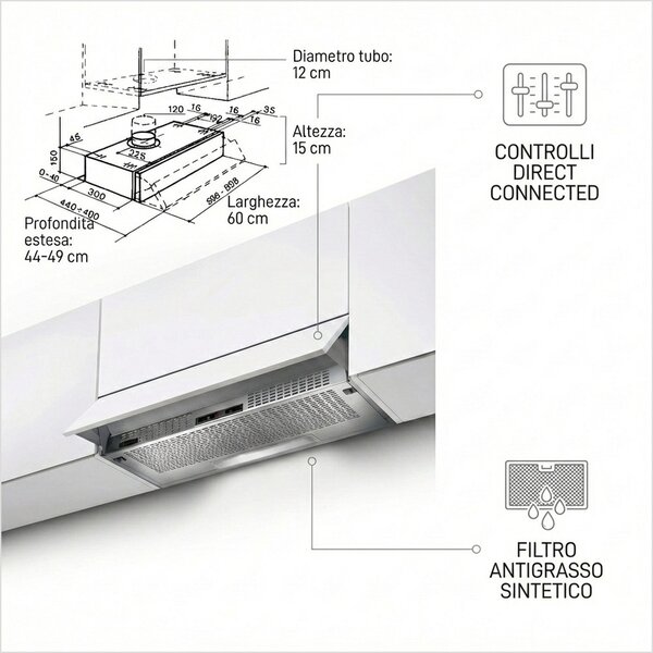 Faber Cappa Cucina Aspirante Sottopensile Incasso Larghezza 60 cm Profondit 30 cm Grigio chiaro (senza frontalino) 152 LG A/60 315.0547.802