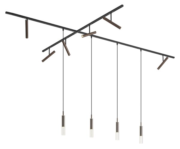 Sistema di illuminazione a binario moderno nero con 6 faretti e 4 luci a sospensione bronzo scuro 1 fase - Slimline Avery Loyce