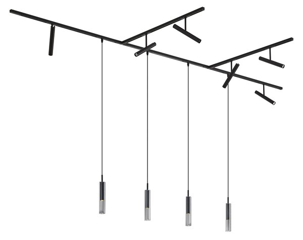 Sistema di illuminazione a binario moderno nero con 6 faretti e 4 luci a sospensione nere monofase - Slimline Avery Loyce