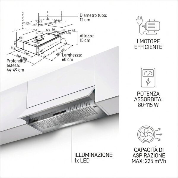 Faber Cappa Cucina Aspirante Sottopensile Incasso Larghezza 60 cm Profondit 30 cm Grigio chiaro (senza frontalino) 152 LG A/60 315.0547.802