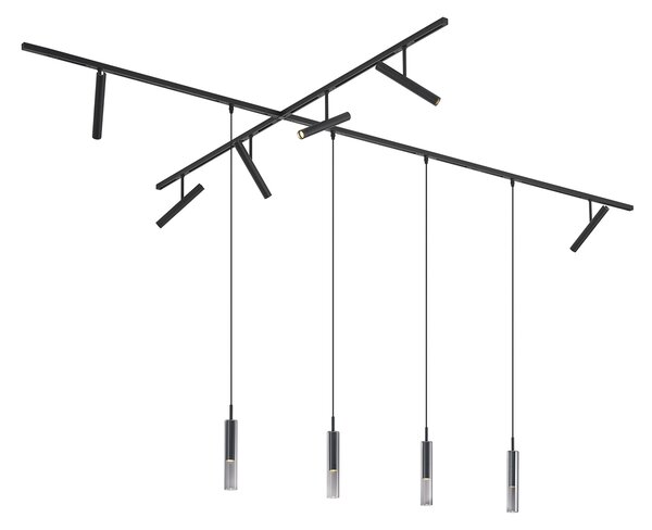 Sistema di illuminazione a binario moderno nero con 6 faretti e 4 luci a sospensione nere monofase - Slimline Avery Loyce