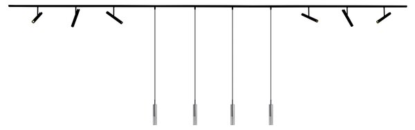 Sistema di illuminazione a binario moderno nero con 6 faretti e 4 luci a sospensione nere monofase - Slimline Avery Loyce