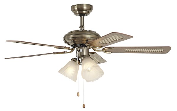 Ventilatore da soffitto in ottone con stampa legno e rattan 105cm con interruttore a tirante - Mistral Lia
