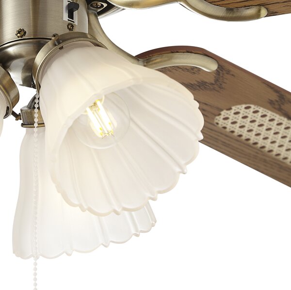 Ventilatore da soffitto in ottone con stampa legno e rattan 105cm con interruttore a tirante - Mistral Lia