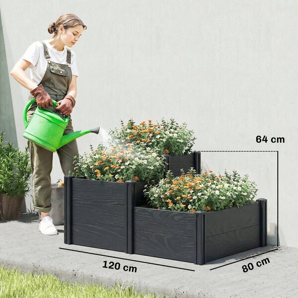 Outsunny Fioriera rialzata, letto da giardino a 3 livelli con fondo aperto per fiori, verdure, 120 x 80 x 64 cm, effetto legno grigio | Aosom Italy