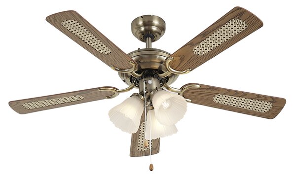 Ventilatore da soffitto in ottone con stampa legno e rattan 105cm con interruttore a tirante - Mistral Lia