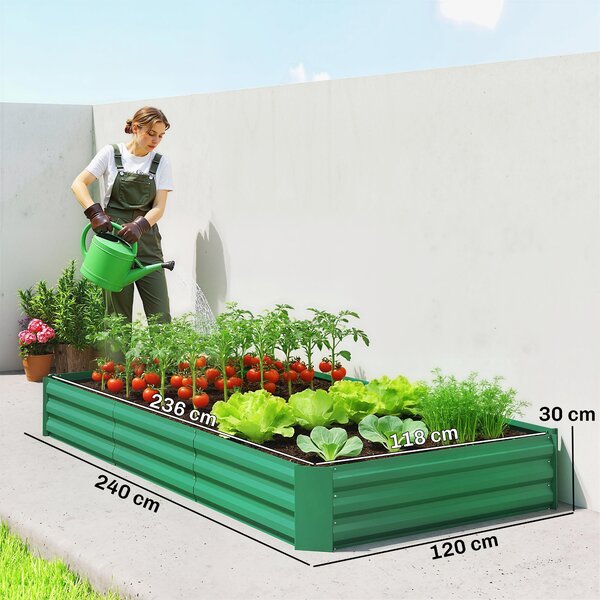 Outsunny Fioriera da esterno orto rialzato zincato con bordo di sicurezza e fondo aperto 240 x 120 x 30 cm verde | Aosom Italy