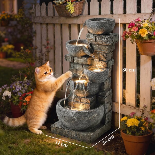 Outsunny Fontana da esterno in resina a cinque livelli, fontana da giardino con illuminazione LED, pompa, effetto pietra 34 x 36 x 80 cm | Aosom Italy