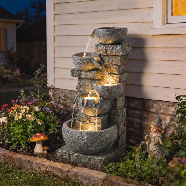 Outsunny Fontana da esterno in resina a cinque livelli, fontana da giardino con illuminazione LED, pompa, effetto pietra 34 x 36 x 80 cm | Aosom Italy
