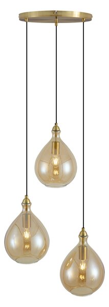 Smart hanglamp goud met amber glas 3-lichts incl. Wifi A60 - Traditional