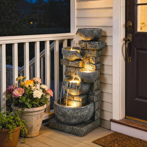 Outsunny Fontana da esterno in resina a cinque livelli, fontana da giardino con illuminazione LED, pompa, effetto pietra 34 x 36 x 80 cm | Aosom Italy