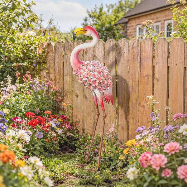 Outsunny Statua da Giardino Fenicottero, Scultura d'Uccello in Metallo con Piume Floreali, 28 x 19 x 83 cm, Rosso | Aosom Italy