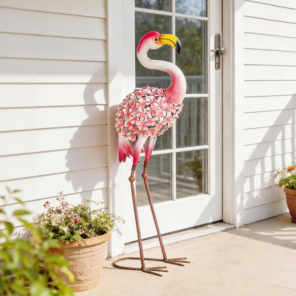 Outsunny Statua da Giardino Fenicottero, Scultura d'Uccello in Metallo con Piume Floreali, 28 x 19 x 83 cm, Rosso | Aosom Italy